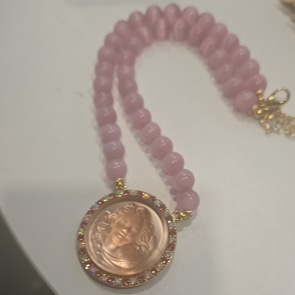 Jewelry - Angel Cameo Pink Beaded Necklace with Pink And White Crystal Accent